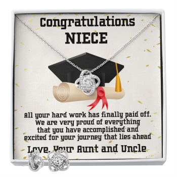 Niece Graduation Love Knot Pendant and Earring Set Congratulations from Aunt and Uncle
